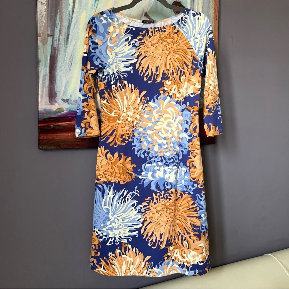 J McLaughlin Sz XS Dress Nylon Casual Blue Beige White 3/4 Sleeve Floral